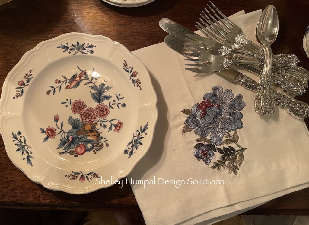 Wedgewood Potpourri with Embroidered Vintage Napkins